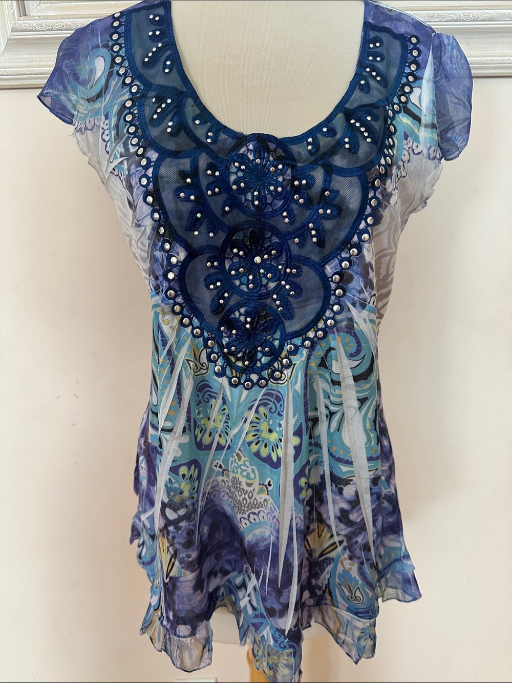 ONE WORLD Blue Floral Embellished Short Sleeve Tunic
